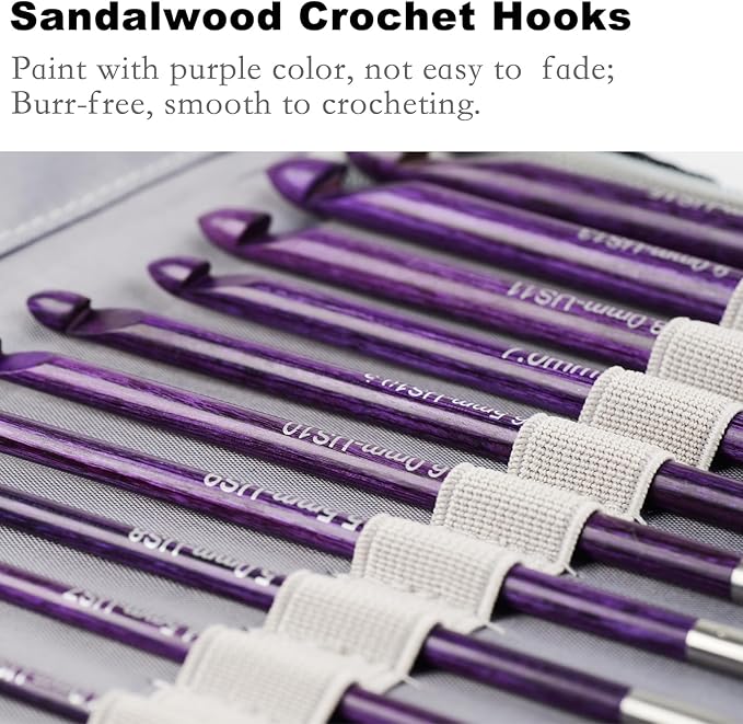 Svartur Tunisian Crochet Hooks Set with Cable, Afghan Crochet Hooks Interchangeable, Size from 3mm-10mm Sandalwood Crochet Knitting Needles for Crocheting, Purple