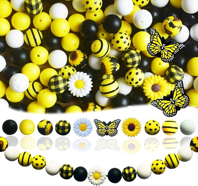 132pcs Butterfly Silicone Beads Bracelet Making Kit, 15mm Yellow Black White Round Silicone Bead Bulk, Sunflower Craft DIY Keychain Wristlet Jewelry Making with Elastic Rope