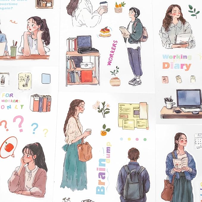 Quiet Office Sticker Scrapbooking Supplies for Junk Journal, 20 Sheets PET Stickers - Vintage Journaling Stickers, Ephemera Sticker Book Pre Cut(TZ-009-008)