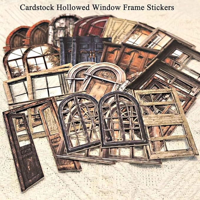 Vilikya 90Pcs Cottagecore Window Frame Stickers for Junk Journal Vintage Cutouts Scrapbook Stickers for Journaling Supplies, PET Stone Sticker & Wall Decoupage Paper for Collage Bujo DIY Craft Planner