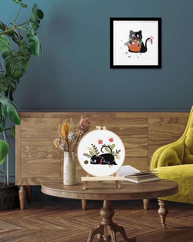 TINDTOP 2 Pack Embroidery Kit for Adult Beginners, Embroidery DIY Starter Kit, with Black Cat and Flowers Stamped Patterns, Hoop, Tools, Colorful Threads with Needles, Instructions