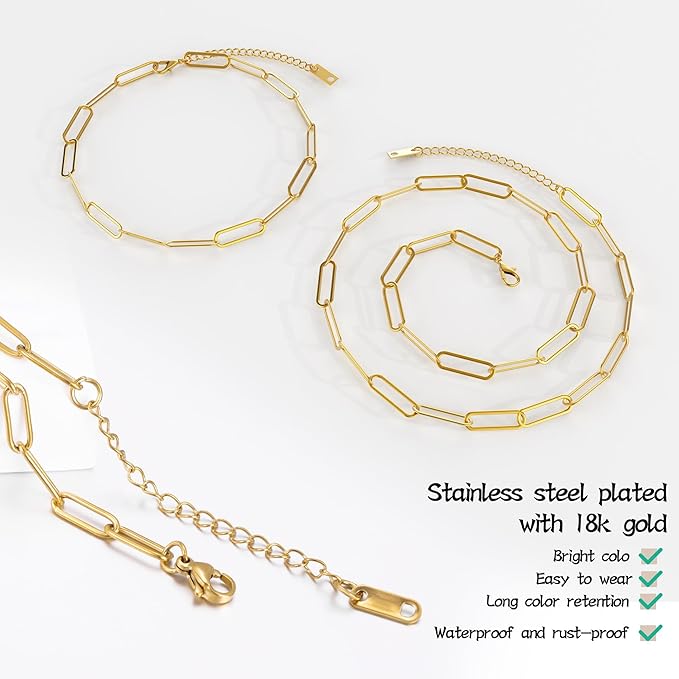 20 Pcs Chain Necklace Bracelets Kit, 18K Gold Paperclip Chain, Including 18 Inch Necklace & 6.5 Inch Charm Bracelet with Lobster Clasps, Perfect for Women DIY Jewelry Making