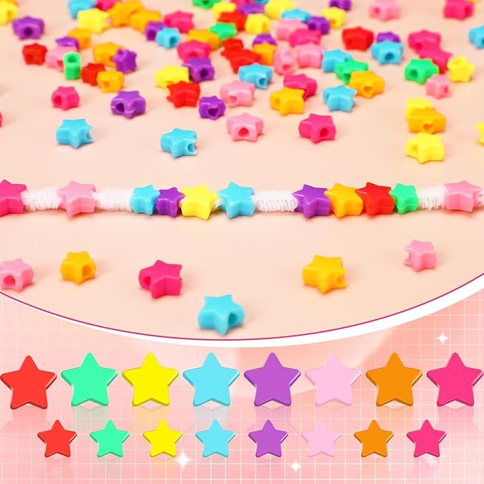 Augshy 700Pcs Star Pony Beads - Large Hole Star Shape Spacer Rainbow Beads for Birthday, 4th of July, Pride Party Decorate, Jewelry Making, Necklace, Friendship, Hair