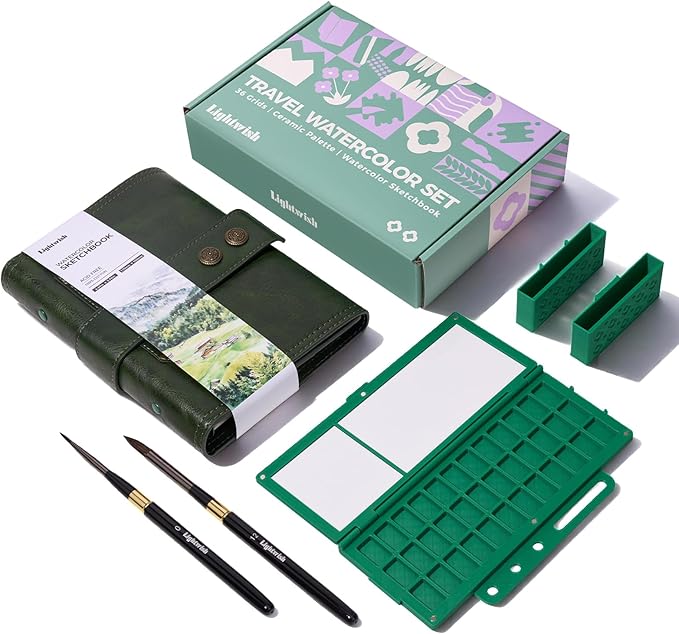 Travel Watercolor Sketchbook Set - 100% Cotton Cold Press 6.7x3.9 Inch Binder Art Journal with 36-Well Ceramic Paint Palette & 2 Travel Watercolor Brushes for Artists Outdoor Painting