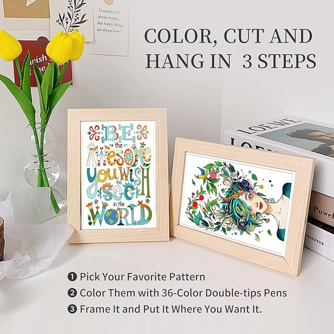 Adult Coloring Book for Women with 36 Dual-Tip Markers, 30 Patterns Positive Quotes Coloring Books for Adults Relaxation, Calming Gifts for Anxiety and Mindfulness Gifts for Women