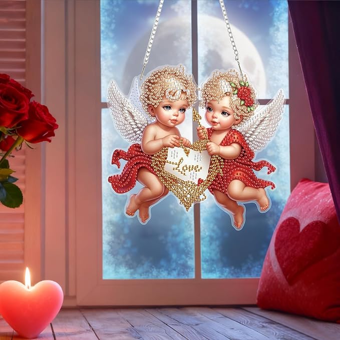 Bowetile Valentine's Day Diamond Art Hanging Kits for Adults, Diamond Art Suncatchers Cupid, 5D Special Shape Diamond Painting Love Pendant Window Ornament Gifts for Home Door Wall Decor