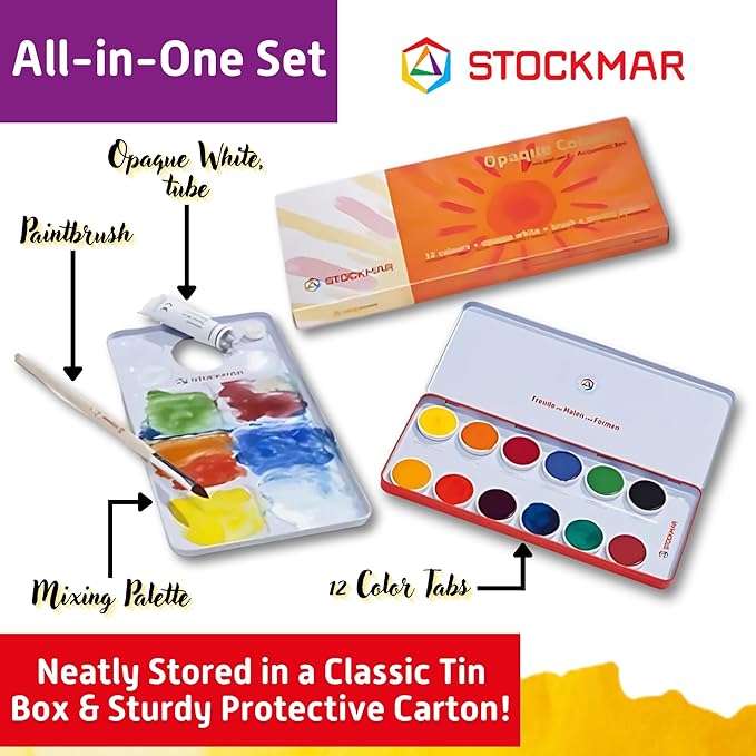 STOCKMAR Opaque Color Box - Set of 12 paints, Includes Opaque White Paint Tube, Brush, and Palette- Waldorf Art Supplies