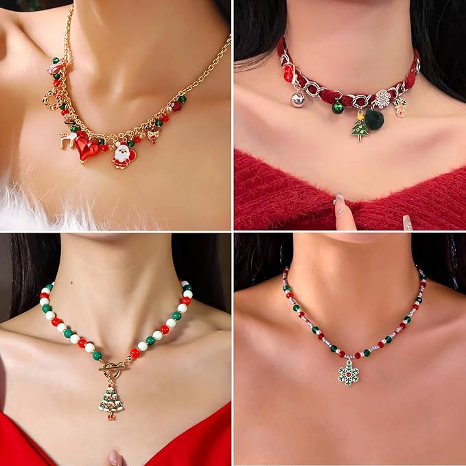 2370Pcs Christmas Beads for Bracelets Jewelry Making Kit, Christmas Tree Snowflake Charms Red Green Xmas Clay Bead Assorted Acrylic Crystal Round Pearl Star Spacer Bead for Necklace Earrings DIY Craft