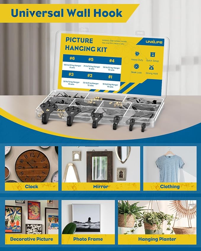 Uniclife 152 Pcs Picture Hanging Kit, 10 lb, 20 lb, 30 lb, 50 lb, 75 lb, 100 lb Heavy Duty Picture Hangers for Drywall & Wood, Picture Hanging Hooks for Hanging Photos Mirrors Paintings,Black