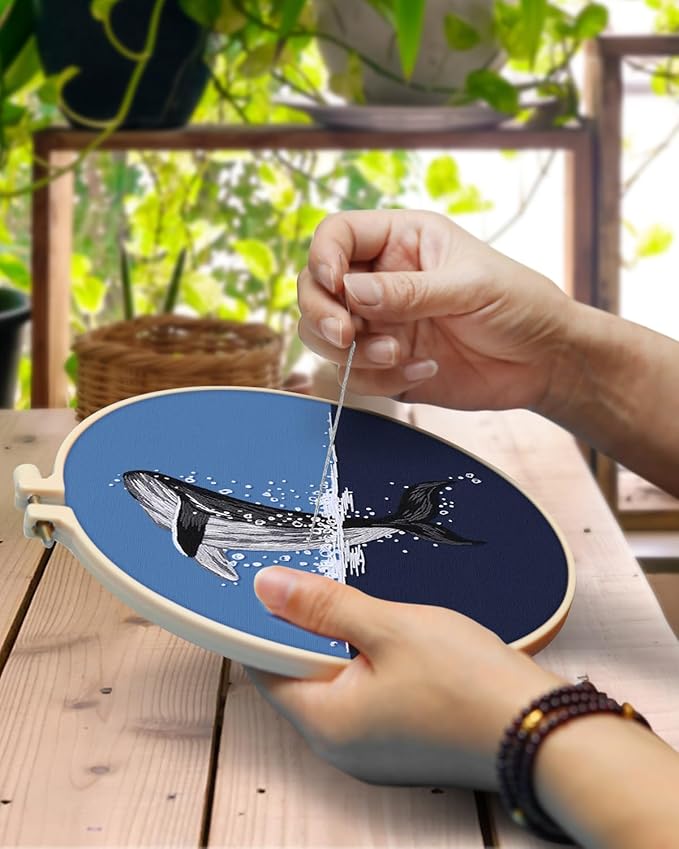TINDTOP Embroidery Kit for Beginners Adult, Whale Embroidery Practice Kit for Beginners Include Embroidery Cloth Hoops Threads for Craft Lover Hand Stitch with Embroidery Skill Techniques