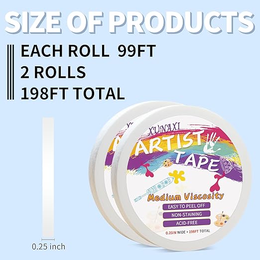 2 Packs Artist Tape Medium Tack White Art Tape for Watercolor Paper Drafting Art Painting Canvas Framing Acid Free Masking Tape- 0.25IN Wide 197FT Long Total