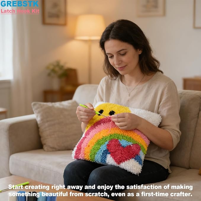 GREBSTK Latch Hook Kit DIY Throw Pillow Cover Sofa Cushion Cover Sun & Rainbow Pattern Paint Cross Stitch 16X16 inch