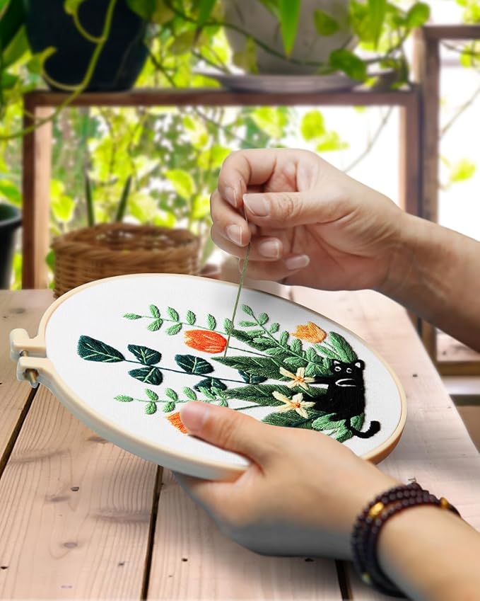 TINDTOP Embroidery Kit for Adults, Embroidery Kit for Beginners Include Embroidery Cloth Hoops Threads for Craft Lover Hand Stitch with Embroidery Skill Techniques (Black Cat)