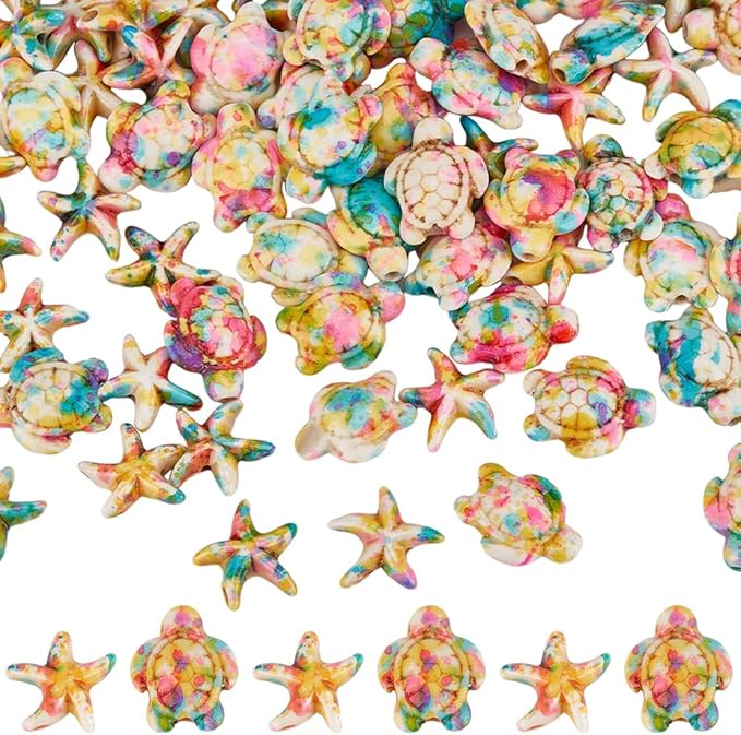 SUNNYCLUE 1 Box 100Pcs Colorful Turtle Beads Star Fish Beads Large Summer Hawaii Beach Gemstone Sea Life Ocean Animal Beads for Bracelet Making Beading Necklaces Keychains Crafts Supplies Women Adults