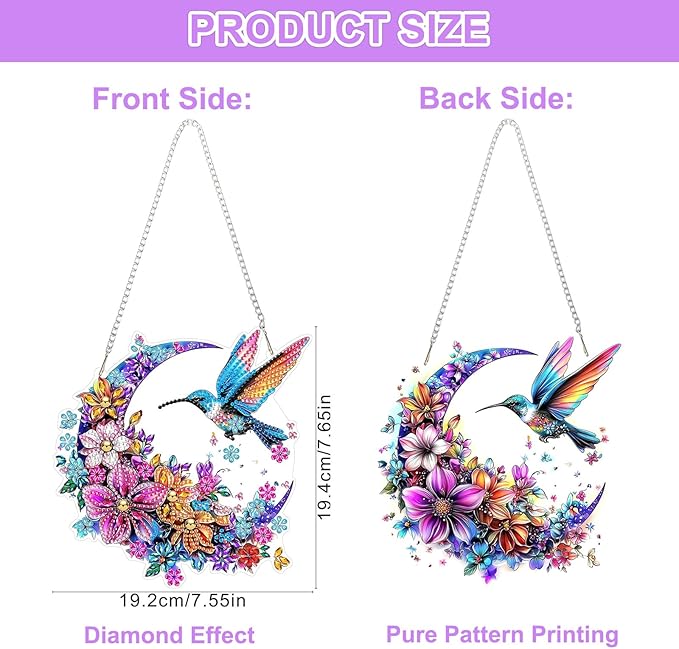 QENSPE Hummingbird Diamond Art Hanging Kits for Adults, 5D Moon & Flowers Special Shape Diamond Paingting Ornaments with Chain, DIY Crystal Window Pendants for Home Wall Decor Double Sided 8X8 inch