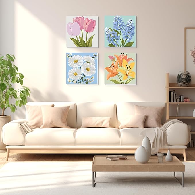 Lxmsja 4 Pack Gentle Garden Paint by Numbers Kit for Adults, Easy Framed Paint by Numbers for Adults Beginner, DIY Acrylic Oil Painting Craft Kits for Home Wall Decor 8x8 inch