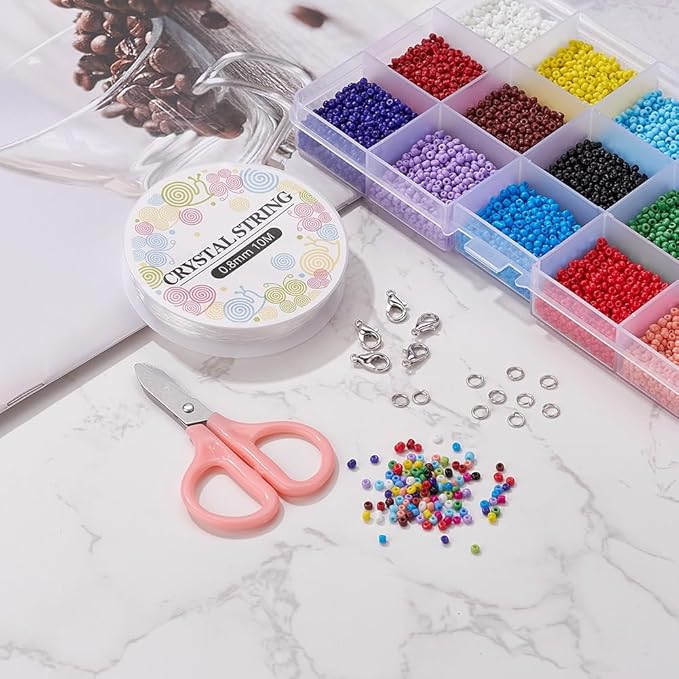 12750 Pcs 2mm Glass Seed Beads Bracelet Making Kit, Small Beads Friendship Jewelry Craft Kit with Lobster Clasps, Jump Rings & Elastic Cord, DIY Art Craft Gift for Girls