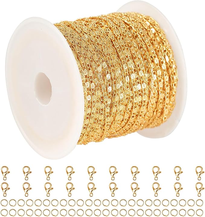 10 Meters Jewelry Chain for Jewelry Making, 18K Gold Plated Chain Necklace for Women Light Gold Chain Roll with 20pcs Lobster Clasps + 50pcs Jump Rings