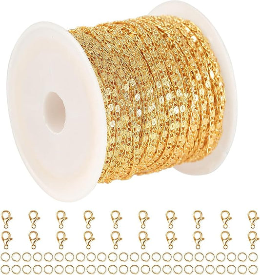 10 Meters Jewelry Chain for Jewelry Making, 18K Gold Plated Chain Necklace for Women Light Gold Chain Roll with 20pcs Lobster Clasps + 50pcs Jump Rings