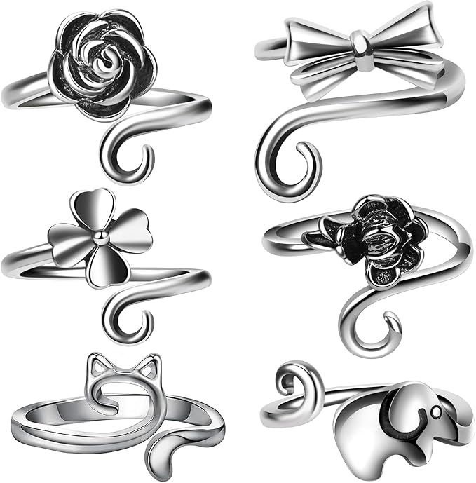 6 PCS Crochet Tension Ring Cat Crown Butterfly Elephant Sunflower Yarn Rings Tools Crochet Accessories Gifts for Crochet Lovers