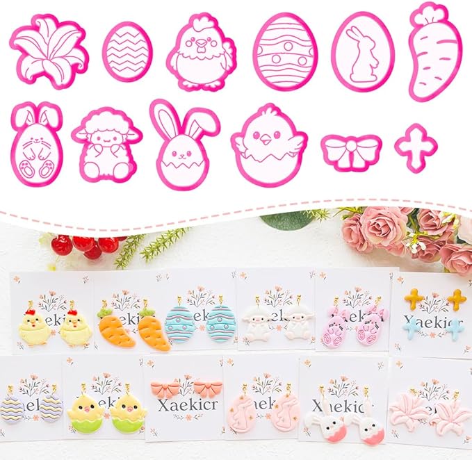 Easter Polymer Clay Cutters Set - 12pcs Sharp & Durable Bunny, Chick, Egg & Lily Shapes for DIY Earring Jewelry Making, Soft Clay Crafts & Spring Holiday Supplies