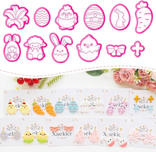 Easter Polymer Clay Cutters Set - 12pcs Sharp & Durable Bunny, Chick, Egg & Lily Shapes for DIY Earring Jewelry Making, Soft Clay Crafts & Spring Holiday Supplies