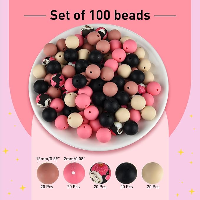 ASTARON 100 Pcs 15mm Silicone Beads for Keychain Making, Off-White Pink Black Round Beads Bulk for Halloween Bracelets Crafts Beadable Pens Decorations Jewelry Making Halloween Party Favors Supplies