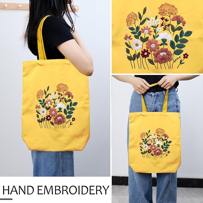 CREAWONDER Canvas Tote Bag Embroidery Kit with Pattern for Beginners, Arts and DIY Embroidery Crafts Kits for Adults, Include Instructions, Thimble, Embroidery Hoops, Color Threads and Tool