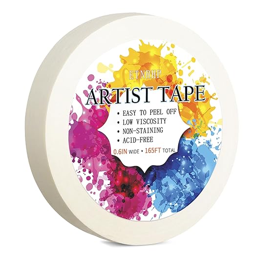 White Artist Tape for Watercolor Paper Drafting Art Low Tack Masking Tape Acid Free Painter Watercolor Tape for Painting Canvas Framing, 0.6 inch Wide 165FT Long Total