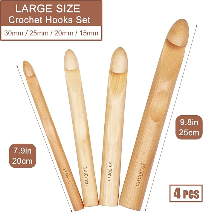 Coopay Large Crochet Hooks 15mm 20mm 25mm 30mm Wooden Crochet Hook Set for Chunky Yarn, Sturdy Big Bamboo Crochet Needles for Crocheting Huge Crochet Hooks for Thick Blanket & Large Project