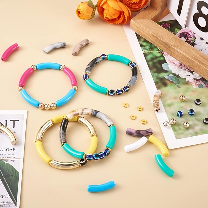 60Pcs Acrylic Chunky Tube Beads with Evil Eye Resin Beads, Disc Spacer Beads & Elastic Crystal Thread, Curved Tube Beads for Bamboo Bangles Bracelet Jewelry Making