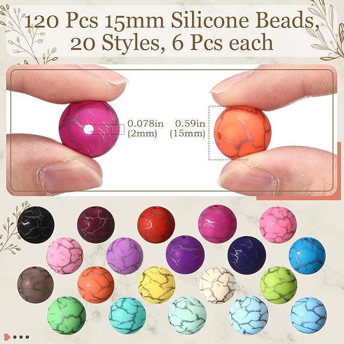 Ferreve 120 Pcs 15mm Silicone Beads Bulk Silicone Beads Print Rubber DIY Bracelet Making Kit for Keychain Making Pens Necklace Jewelry(Crack)