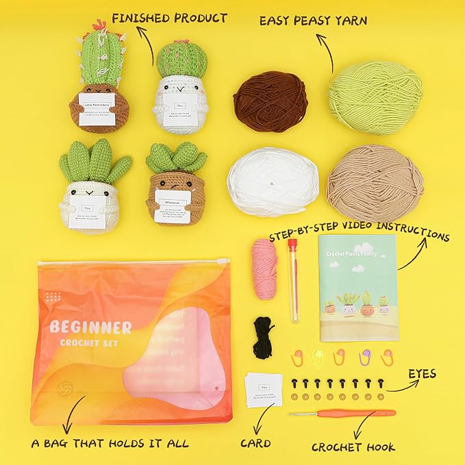 GONELYON Crochet Kit for Beginners, Beginner Crochet Starter Kit, 4 Pc Potted Plants Family Kits with Step-by-Step Video Tutorials, Learn to Crochet Kits for Adults and Kids