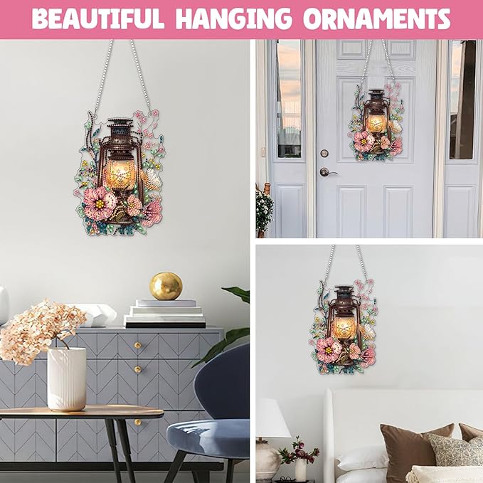 NAIMOER Diamond Art Hanging Kits for Adults, Flower Lantern Diamond Art Suncatchers, 5D Special Shape Fall Diamond Painting Pendant Window Ornament Gifts for Home Garden Door Wall Decor