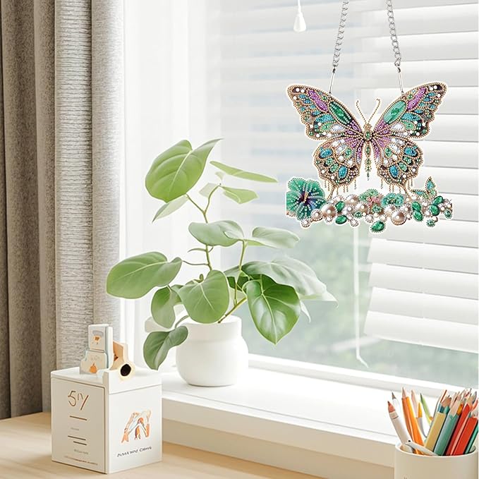 JZHYOAN Butterfly Diamond Art Hanging Kit DIY Hanging Diamonds Craft Ornament Diamond Painting Decorative Sign Wind Chimes with Diamonds Art Window Pendant Acrylic Pendants Crystal Arts Pendant