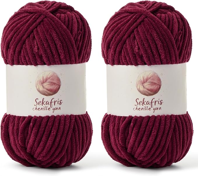 2 Pack Chunky Chenille Yarn for Crocheting, Baby Yarn for Crocheting Soft Blanket, 174.9 yds /7 oz Crochet Yarn, Bulky 5 Amigurumi Yarns, Fluffy Velvet Yarns for Knitting Crafts (2 Burgundy)