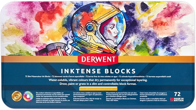 Derwent Inktense Blocks 72 Tin, Set of 72, 8mm Block, Soft Texture, Watersoluble, Ideal for Watercolor, Drawing, Coloring, Crafts and Painting on Paper and Fabric, Professional Quality (2301980)