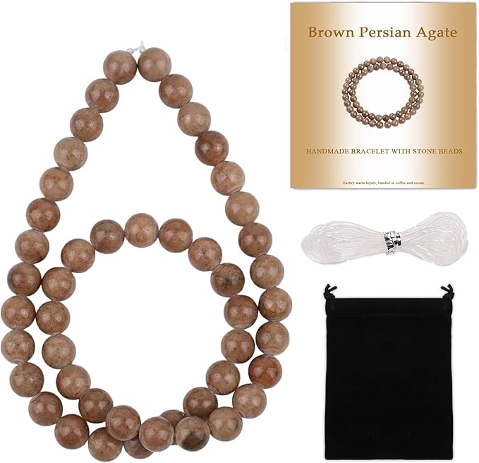Stone Beads, 45pcs Brown Persian Agate, 8mm Round Loose Beads for Jewelry Making, Bracelets, with Bag, String & Card