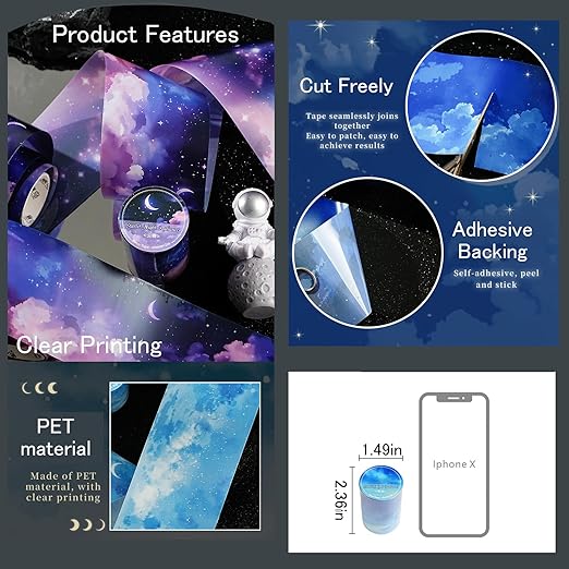 6Rolls PET Tape Stickers for Scrapbooking Supplies, Decorative Sky Cloud Star Themed Journal Stickers for Scrapbooking, Journaling, Junk Journal Supplies,Planer (Island)