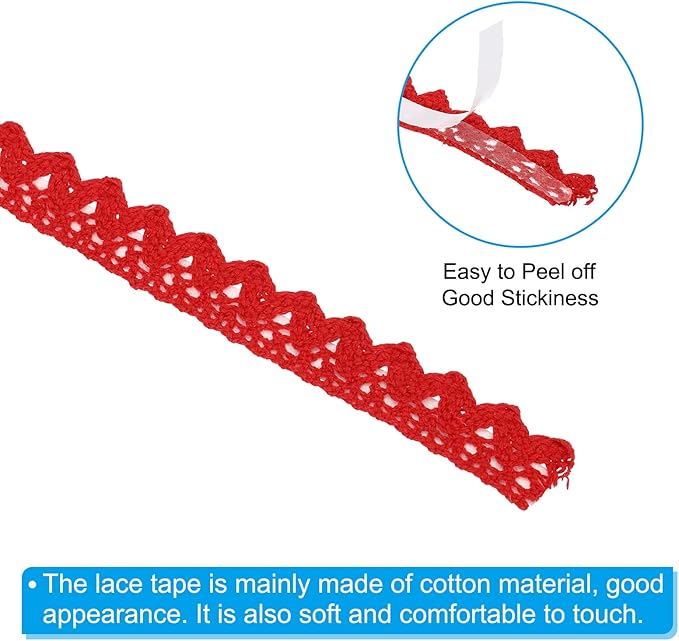 PATIKIL 0.6" Wide 2 Yards Self-Adhesive Lace Tape Lace Ribbon, 3 Pack Cotton Washi Trim Stickers Masking Decorative for Craft Scrapbook DIY Card Making, Red