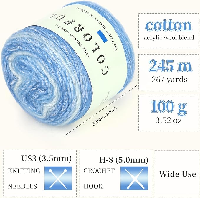 Aeelike Cake Yarn for Crocheting, 3 Skeins Gradient Yarn 100g (3.52 oz) 245m (267 Yards) # 3 Light Weight, Soft Ombré Yarns Fairyland Yarns Rainbow for Making Colorful Crafts, Fantasy Blue Gradient