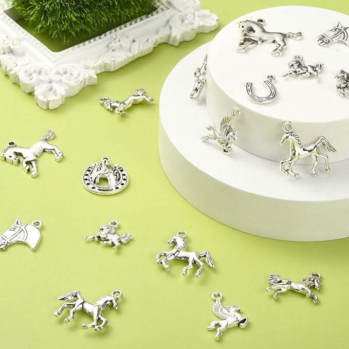 DanLingJewelry 100Pcs 10 Styles Antique Silver Horse & Horseshoe Animal Charms for DIY Jewelry Making