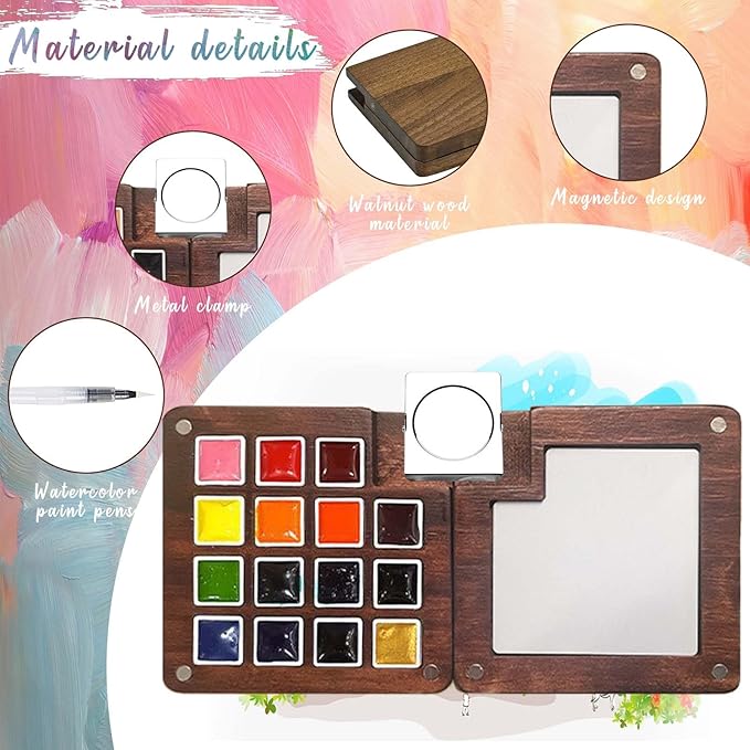 Mini Paint Palette Travel Kit - Mini Travel Watercolor Palette Set, Pocket Artist Water Color Travel Set with Colours, Watercolor Book, Binder Clips, Pens,Wooden Paint Box for Painters Artists Student