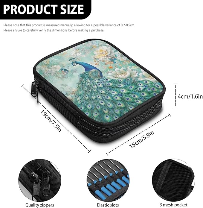 Hechitok Peacock Floral Empty Crochet Hook Case Portable Travel Crochet Storage Bag Organizer Zipper Bags with Web Pocket and Crochet Holder Slots for Crochet Knitting Accessories