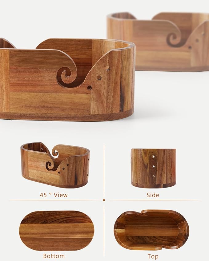 Oval Yarn Bowl, Crochet Yarn Holder with 9pcs Knitting Hooks, Yarn Storage Crochet Bowl Knitting Gift for Crocheters, Large Yarn Bowl Acacia Wooden 11.3x5.9x4.7inch (Acacia Yarn Bowl)