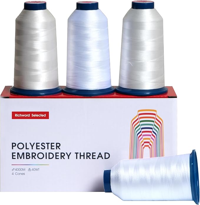 Poolin White2 Embroidery Thread, Huge Spool Richword Selected 4 Rolls 4000M(4374Y) 40WT Polyester Thread for All Embroidery Machines