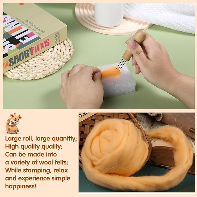 3.53oz Wool Roving, Wool Felting Supplies, Pure Wool, Chunky Yarn, Spinning Wool Roving for Needle Felting Wet Felting DIY Hand Spinning (Light Orange)