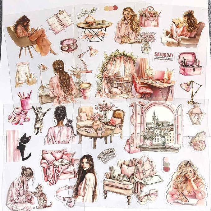 20 Sheets Pink Girl Sticker Book for Scrapbooking Supplies, Aesthetic Pre-Cut Journaling Sticker for Junk Journal Kit, Die-Cut PET Ephemera for Bujo Planner Arts Craft