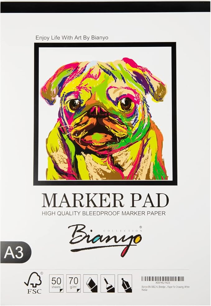 bianyo xl bleedproof marker paper pad, a3(11.69"x16.54"), 50 sheets, 18 lb / 70 gsm, glue-bound, 100% cotton, white, ideal for use with markers and ink mediums