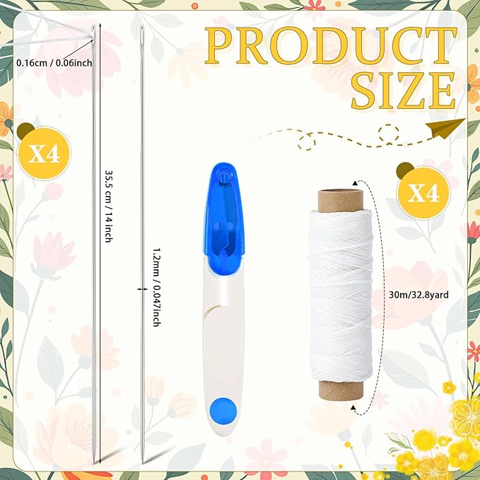 Kaiolbly 9 Pcs Lei Needle Kit, 4 Pcs 14 Inch Stainless Steel Long Lei Needle to Make Hawaiian Leis 4 Lei String 1 Sewing Scissors Lei Making Kit for DIY Graduation Hawaiian Flower Lei Wreath Accessory